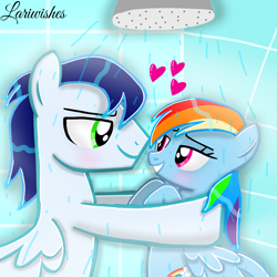 Size: 1300x1300 | Tagged: safe, artist:mlplary6, rainbow dash, soarin', pegasus, pony, g4, bedroom eyes, blushing, female, handsome, heart, husband and wife, lidded eyes, looking at each other, looking at someone, male, mare, romance, romantic, sexy, ship:soarindash, shipping, shower, showering, smiling, smiling at each other, stallion, straight, wet, wet mane, wet mane rainbow dash