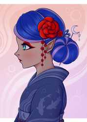 Size: 1425x2000 | Tagged: safe, artist:tanatos, princess luna, fish, human, koi, g4, abstract background, anime, clothes, cutie mark accessory, elf ears, eyeliner, eyeshadow, female, flower, flower in hair, hair bun, hairpin, humanized, kimono (clothing), lipstick, makeup, simple background, solo, sparkles
