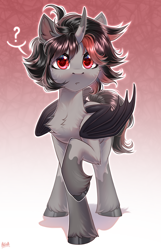 Size: 2000x3100 | Tagged: safe, artist:hakaina, oc, oc only, oc:bezou, demon, demon pony, abstract background, bat wings, cheek fluff, chest fluff, coat markings, curious, cute, demon horns, fangs, fluffy, high res, hoof fluff, horns, looking at you, ocbetes, question mark, raised hoof, red eyes, shadow, signature, simple background, socks (coat markings), unshorn fetlocks, wings