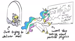 Size: 2207x1206 | Tagged: safe, artist:manicpanda, derpy hooves, princess celestia, alicorn, pegasus, pony, g4, chalk, chalkboard, cute, cutelestia, duo, female, hoof hold, letter, mailmare, mare, math, mouth hold, nerd, physics, quantum physics, science, simple background, text, traditional art, white background, whiteboard