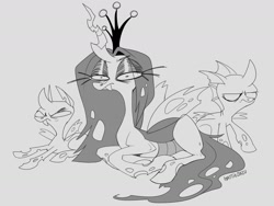 Size: 1280x960 | Tagged: safe, artist:hattiezazu, queen chrysalis, changeling, changeling queen, g4, big eyes, female, frown, gray background, grayscale, lidded eyes, lying down, monochrome, prone, simple background, unamused