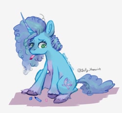 Size: 897x832 | Tagged: safe, artist:jelly_hamwich, misty brightdawn, pony, unicorn, g5, colored fetlocks, crying, curly mane, cute, fake cutie mark, frizzy hair, marker, marker drawing, mistybetes, mouth hold, sad, sadorable, solo, traditional art, unshorn fetlocks