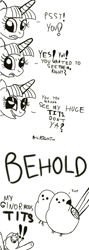 Size: 367x1033 | Tagged: safe, artist:tigerbeetle, derpibooru exclusive, twilight sparkle, alicorn, bird, pony, tit (bird), g4, comic, exclamation point, female, long-tailed tit, mare, monochrome, question mark, simple background, talking to viewer, white background, wordplay