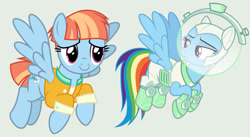 Size: 1209x661 | Tagged: safe, artist:guihercharly, edit, vector edit, rainbow dash, windy whistles, pegasus, pony, g4, parental glideance, scare master, astrodash, astronaut, clothes, costume, duo, duo female, female, flying, frown, gray background, mare, mother and child, mother and daughter, simple background, smiling, space helmet, spread wings, vector, wings