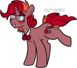 Size: 1804x1594 | Tagged: safe, artist:sexygoatgod, oc, oc only, oc:ribbon snip, pony, unicorn, adoptable, blushing, bucktooth, crack ship offspring, female, glasses, horn, offspring, parent:mayor mare, parent:snips, simple background, solo, transparent background, unicorn oc