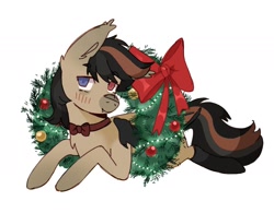 Size: 1820x1423 | Tagged: safe, artist:cerealcowboy1, oc, oc only, oc:cyrus, bat pony, pony, bat pony oc, blushing, bowtie, christmas wreath, clothes, heterochromia, simple background, socks, solo, white background, wreath