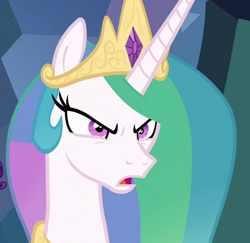 Size: 1112x1080 | Tagged: safe, edit, edited screencap, screencap, princess celestia, rarity, alicorn, pony, unicorn, g4, season 9, the ending of the end, angry, bust, cropped, crown, duo, duo female, female, frown, jewelry, mare, offscreen character, open mouth, regalia, solo focus
