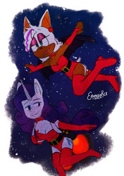 Size: 750x1065 | Tagged: safe, artist:rtisticmoulton, rarity, bat, unicorn, anthro, g4, arms spread out, clothes, flying, jetpack, leotard, night, rouge the bat, smiling, snow, sonic the hedgehog (series), spread wings, traditional art, wings