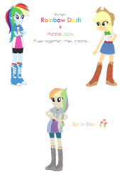 Size: 804x1188 | Tagged: safe, artist:goupix-flocon, applejack, rainbow dash, human, equestria girls, g4, belt buckle, boots, brown eyes, clothes, fusion, high heel boots, jacket, multicolored hair, multiple arms, rainbow hair, rubber band, shoes, simple background, white background