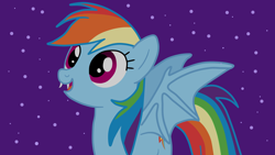 Size: 1920x1080 | Tagged: safe, artist:kazamacat, rainbow dash, bat pony, pony, fanfic:the master mev, g4, bat ponified, bat wings, fanfic art, fangs, looking up, night, night sky, race swap, rainbowbat, sky, solo, stars, wings