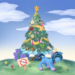Size: 4096x4096 | Tagged: safe, artist:felldeal, misty brightdawn, pony, unicorn, series:daily drawing december, g5, christmas, christmas tree, cup, fake cutie mark, female, flower, holiday, mare, present, ribbon, sign, table, teacup, teapot, tree