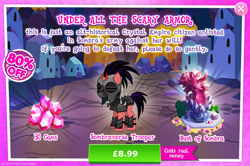 Size: 1958x1297 | Tagged: safe, gameloft, king sombra, crystal pony, pony, g4, my little pony: magic princess, advertisement, alternate timeline, armor, bush, bust, costs real money, crystal, crystal war timeline, dialogue, female, gem, helmet, introduction card, mind control, mobile game, numbers, sale, soldier, solo, sombra soldier, sombraverse, spikes, text, unnamed character, unnamed pony