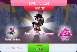 Size: 1268x858 | Tagged: safe, gameloft, king sombra, crystal pony, pony, g4, my little pony: magic princess, alternate timeline, armor, bundle, bush, bust, costs real money, crystal, crystal war timeline, dialogue, evil bundle, female, gem, helmet, mind control, mobile game, numbers, sale, soldier, solo, sombra soldier, sombraverse, spikes, text, unnamed character, unnamed pony