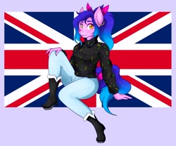 Size: 1870x1559 | Tagged: safe, artist:mscolorsplash, oc, oc only, earth pony, anthro, plantigrade anthro, boots, clothes, commission, denim, ear piercing, earring, female, hooped earrings, jeans, jewelry, looking at you, mare, pants, piercing, shoes, smiling, smiling at you, solo, sweater, union jack, united kingdom