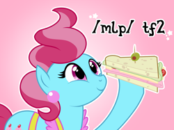 Size: 2732x2048 | Tagged: safe, artist:mistress midnight, cup cake, earth pony, pony, g4, /mlp/ tf2 general, female, food, high res, hoof hold, mare, sandvich, sandwich, smiling, solo, team fortress 2, text