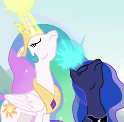 Size: 1096x1080 | Tagged: safe, screencap, princess celestia, princess luna, alicorn, pony, g4, the ending of the end, concave belly, cropped, crown, duo, eyes closed, glowing, glowing horn, horn, jewelry, nose in the air, regalia, slender, tall, thin