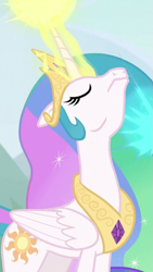 Size: 609x1080 | Tagged: safe, screencap, princess celestia, alicorn, pony, g4, season 9, the ending of the end, cropped, crown, ethereal mane, eyes closed, female, folded wings, glowing, glowing horn, horn, jewelry, magic, magic aura, mare, nose in the air, peytral, regalia, solo, tiara, wings