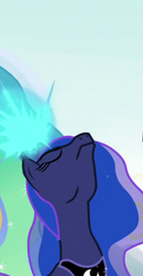 Size: 562x1080 | Tagged: safe, edit, edited screencap, screencap, princess celestia, princess luna, alicorn, pony, g4, the ending of the end, cropped, duo, duo female, female, glowing, glowing horn, horn, jewelry, nose in the air, regalia, solo focus