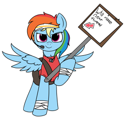 Size: 3035x2858 | Tagged: artist needed, safe, rainbow dash, pegasus, pony, g4, /mlp/ tf2 general, bandage, clothes, conscientious objector, female, headband, high res, mare, microphone, scout (tf2), shirt, sign, simple background, solo, team fortress 2, transparent background