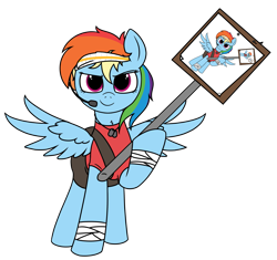 Size: 3035x2858 | Tagged: artist needed, safe, rainbow dash, pegasus, pony, g4, /mlp/ tf2 general, bandage, clothes, conscientious objector, droste effect, female, headband, high res, hoof hold, mare, microphone, raised hoof, recursion, scout (tf2), shirt, sign, simple background, solo, team fortress 2, transparent background