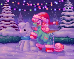 Size: 1897x1500 | Tagged: safe, artist:sidruni, minty, earth pony, pony, g3, candy, candy cane, christmas, food, hat, holiday, santa hat, snow, snowfall, snowmare, solo, string lights, tree