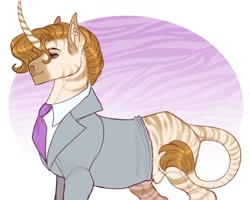 Size: 1280x1024 | Tagged: safe, artist:snowberry, oc, oc only, oc:classy straps, hybrid, pony, zebra, zebracorn, zony, clothes, commission, ear piercing, horn, long horn, looking offscreen, male, necktie, nudity, patterned background, piercing, purple eyes, sheath, sheathed, shirt, simple background, smiling, smirk, solo, stripes, suit, white background, zony oc