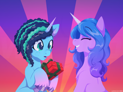 Size: 1600x1200 | Tagged: safe, artist:willoillo, izzy moonbow, misty brightdawn, pony, unicorn, g5, duo, female, grin, mare, present, smiling