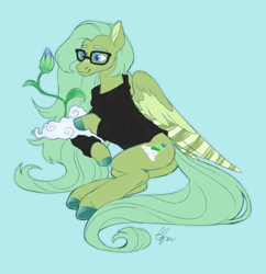 Size: 1376x1420 | Tagged: safe, artist:polymercorgi, oc, pegasus, pony, blue background, clothes, cloud, female, flower, glasses, mare, simple background, solo, sweater