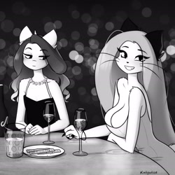 Size: 2480x2480 | Tagged: safe, artist:katputze, oc, oc only, oc:crimson sunset, oc:icy (katputze), abyssinian, unicorn, anthro, abyssinian oc, alcohol, big breasts, black and white, blushing, breast envy, breasts, champagne, champagne glass, cleavage, clothes, dress, drink, duo, duo female, eye clipping through hair, eyebrows, eyebrows visible through hair, eyes on the prize, female, glass, grayscale, grin, high res, huge breasts, jewelry, looking at you, monochrome, necklace, signature, small breasts, smiling, smiling at you, wine, wine glass
