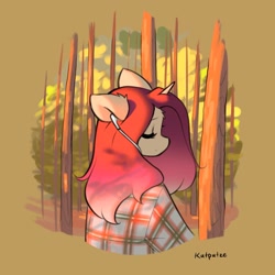Size: 2048x2048 | Tagged: safe, artist:katputze, oc, oc only, oc:crimson sunset, unicorn, anthro, clothes, earbuds, eyes closed, female, forest, mare, plaid shirt, shirt, signature, solo