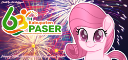 Size: 2036x949 | Tagged: safe, artist:muhammad yunus, oc, oc only, oc:annisa trihapsari, earth pony, pony, my little pony: the movie, anniversary, earth pony oc, female, fireworks, ibispaint x, mare, smiling