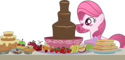 Size: 3040x1468 | Tagged: safe, artist:muhammad yunus, artist:princess lily brush, oc, oc only, oc:annisa trihapsari, earth pony, pony, apple, base used, cake, cherry, chocolate fountain, cute, earth pony oc, female, food, grapes, happy, herbivore, imminent nom, mare, medibang paint, not pinkie pie, not rarity, ocbetes, open mouth, open smile, orange, pie, pineapple, sandwich, simple background, smiling, solo, strawberry, transparent background