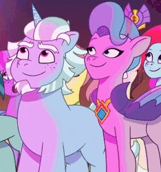 Size: 421x449 | Tagged: safe, screencap, alphabittle blossomforth, jazz hooves, posey bloom, queen haven, rocky riff, rufus, earth pony, pegasus, pony, unicorn, firework-ing together, g5, my little pony: tell your tale, spoiler:g5, spoiler:my little pony: tell your tale, spoiler:tyts01e42, animated, bedroom eyes, cropped, crown, female, freckles, gif, jewelry, lidded eyes, looking at each other, looking at someone, male, mare, regalia, seductive, seductive look, sexy, ship:alphahaven, shipping, shipping fuel, smiling, stallion, straight, stupid sexy queen haven, youtube link