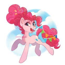 Size: 3000x3000 | Tagged: safe, artist:kipsneeps, pinkie pie, earth pony, pony, g4, candy, confetti, food, happy, high res, lollipop, looking at you, mouth hold, open mouth, open smile, simple background, smiling, solo, tongue out, white background