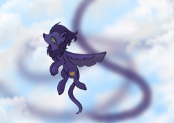 Size: 6314x4464 | Tagged: safe, artist:thecommandermiky, oc, oc only, oc:miky command, cheetah, hybrid, pegasus, pony, chest fluff, purple hair, sky, solo, spread wings, wings