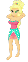 Size: 1700x3800 | Tagged: safe, alternate version, artist:ah96, edit, editor:ah96, applejack, human, equestria girls, g4, alternate hairstyle, applejewel, arm behind head, bare shoulders, barefoot, breast edit, breasts, busty applejack, cleavage, clothes, dress, feet, female, ms paint, multiple variants, simple background, sleeveless, solo, strapless, transparent background