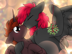 Size: 2100x1584 | Tagged: safe, artist:mariashek, oc, oc only, oc:hardy, oc:rosetta hask, alicorn, pegasus, pony, alicorn oc, duo, horn, kissing, mistleholly, pegasus oc, wings