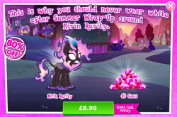 Size: 1961x1293 | Tagged: safe, gameloft, rarity, kirin, nirik, g4, my little pony: magic princess, advertisement, costs real money, english, fangs, female, fire, gem, horn, introduction card, kirin rarity, kirin-ified, mane of fire, mobile game, numbers, sale, solo, species swap, text