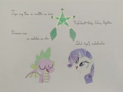 Size: 4160x3120 | Tagged: safe, artist:don2602, rarity, spike, dragon, pony, unicorn, comic:star of christmas, g4, abs cbn all star, eyes closed, filipino, lantern, looking up, singing, song reference, traditional art, translated in the description