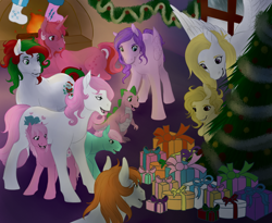 Size: 1024x838 | Tagged: artist needed, source needed, safe, baby cuddles, baby tiddley-winks, galaxy (g1), lofty, merry treat, north star (g1), spike (g1), surprise, truly, oc, pony, g1, christmas, holiday, implied firefly, implied majesty, pony oc