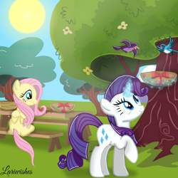 Size: 1300x1300 | Tagged: safe, artist:mlplary6, fluttershy, rarity, bird, pegasus, pony, unicorn, g4, bow, female, friends, glowing, glowing horn, horn, magic, magic aura, mare, nest, sitting, smiling, sun, table, telekinesis, tree