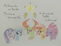 Size: 4160x3120 | Tagged: safe, artist:don2602, starlight glimmer, sunset shimmer, tempest shadow, thorax, trixie, changedling, changeling, pony, unicorn, comic:star of christmas, g4, abs cbn all star, eyes closed, filipino, king thorax, lantern, looking at each other, looking at someone, looking up, singing, song reference, traditional art, translated in the description