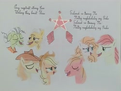 Size: 4160x3120 | Tagged: safe, artist:don2602, applejack, big macintosh, braeburn, bright mac, grand pear, granny smith, pear butter, earth pony, pony, comic:star of christmas, g4, abs cbn all star, cowboy hat, eyes closed, filipino, hat, lantern, looking at each other, looking at someone, looking up, shawl, singing, song reference, traditional art, translated in the description