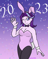 Size: 2100x2568 | Tagged: safe, artist:hayley566, starlight glimmer, human, equestria girls, g4, 2023, bowtie, breasts, bunny ears, bunny suit, bunny tail, cleavage, clothes, confetti, female, gradient background, high res, legs together, leotard, looking at you, new year, one eye closed, pink leotard, smiling, smiling at you, solo, starlight's leotard, tail, tights, wink