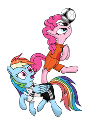 Size: 640x840 | Tagged: safe, artist:isegrim87, pinkie pie, rainbow dash, earth pony, pegasus, pony, g4, balancing, clothes, duo, duo female, female, football, germany, netherlands, ponies balancing stuff on their nose, simple background, sports, transparent background, vector