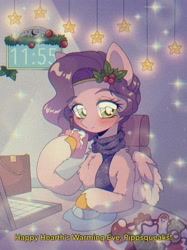Size: 2048x2732 | Tagged: safe, artist:pierogarts, pipp petals, pegasus, pony, g5, adorapipp, blushing, chocolate, clock, clothes, computer mouse, cookie, cup, cute, female, food, headband, hearts warming day, high res, holly, hot chocolate, mare, mousepad, purse, scarf, smiling, solo, stars