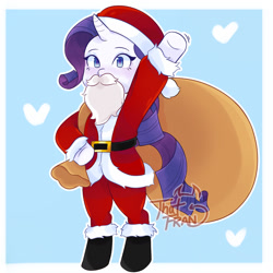 Size: 1280x1280 | Tagged: safe, artist:thatfrann, rarity, pony, unicorn, g4, belt, bipedal, blue background, boots, christmas, clothes, costume, fake beard, female, hat, heart, holiday, looking at you, mare, sack, santa beard, santa claus, santa costume, santa hat, santa sack, shoes, simple background, solo, standing