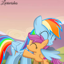 Size: 1300x1300 | Tagged: safe, artist:mlplary6, rainbow dash, scootaloo, pegasus, pony, g4, cute, cutealoo, dashabetes, duo, duo female, eyes closed, female, filly, foal, hug, mare, scootalove, sibling love, siblings, sisters, smiling, winghug, wings