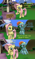 Size: 1920x3240 | Tagged: safe, artist:red4567, fluttershy, rainbow dash, pegasus, pony, g4, 3d, assertive fluttershy, coin, comic, female, mare, sign, source filmmaker, well, wish, wishing well