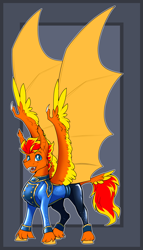 Size: 2393x4191 | Tagged: safe, artist:parrpitched, oc, oc:fireheart(fire), bat pony, pony, concave belly, fireheart76's latex suit design, kink, latex, latex suit, prisoners of the moon, rubber, rubber suit, slender, solo, thin, unshorn fetlocks
